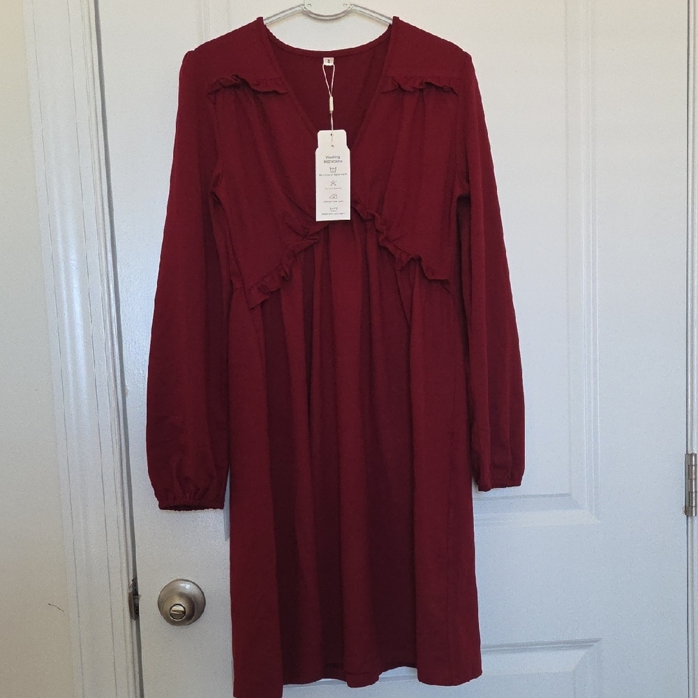 Red Long Sleeve Bishop Sundress with Scoop Neck